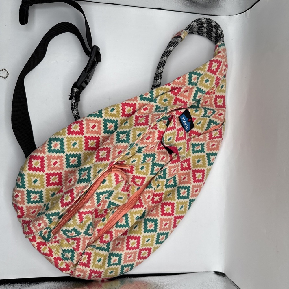 KAVU Geometric Pink Rope Bag Sling Canvas Backpack Small Purse Adjustable Strap